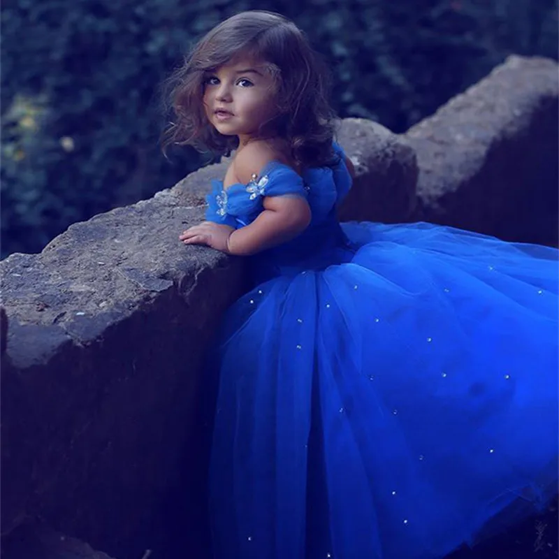

Temperament Off Shoulder Kids Blue Beading Noble Puffy Flower Girls Birthday Party Dresses for Children 2 to 15 Years Old