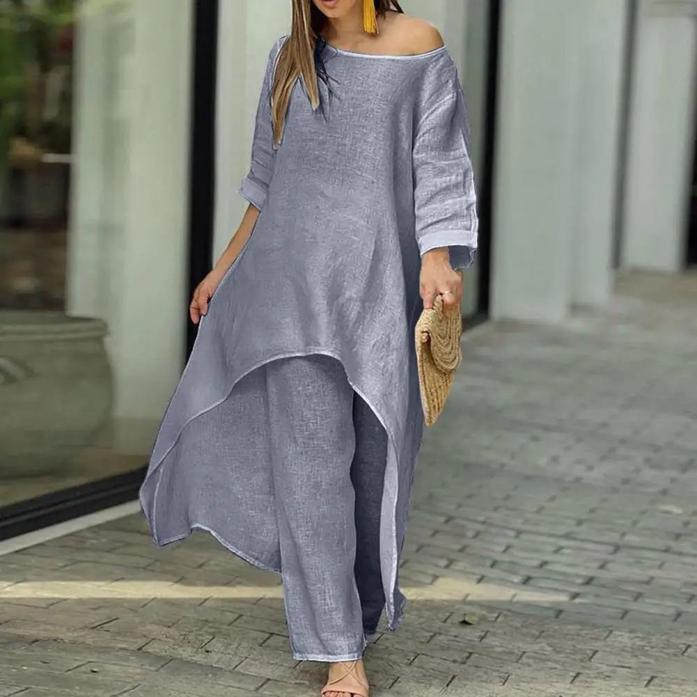 Stylish Leisure Wide Leg Long Sleeves Lady Blouse Trousers Set Deep Crotch Lady Blouse Trousers Set for Walking