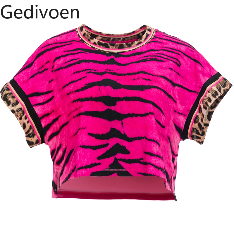 

Gedivoen Fashion Runway Summer Women's T-shirts Short sleeve Tiger Skin Leopard Print Pullover Tops