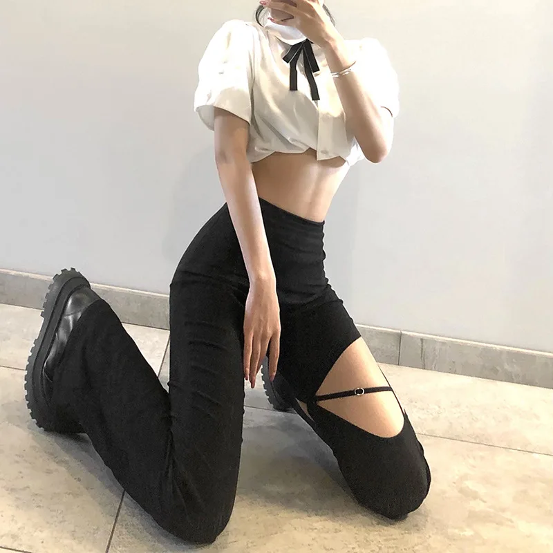 

2022 Autumn High Street Style Flared Trousers Women High Waist Pants Personality Eith Hollow and Sexy Show Legs Long Streetwears