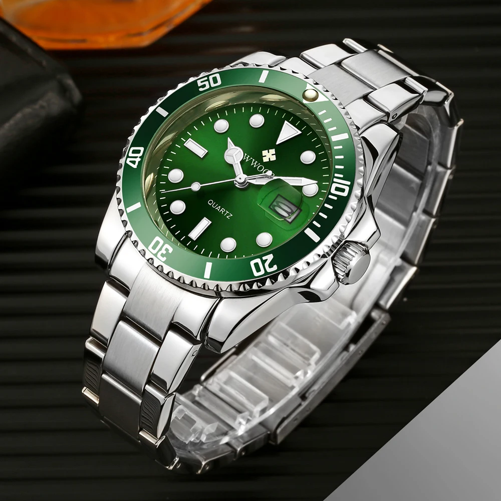 Фото Мужские часы WWOOR New Luxury Fashion Diver, водонепроницаемые 3ATM, с указателем даты, спортивные, кварцевые, наручные часы, Relogio Masculino №3