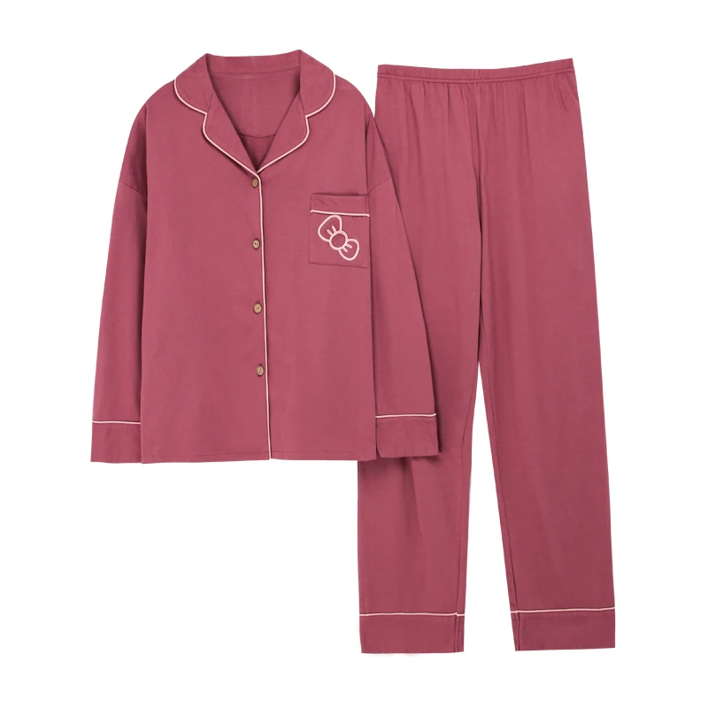 

Новинка, осенняя Женская пижама с отложным воротником, хлопковые топы с длинным рукавом и штаны с мультяшным рисунком, комплект из 2 предмет...