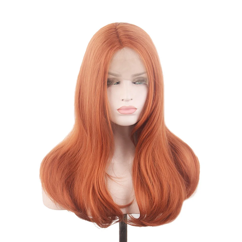 long wavy heat resistant fiber synthetic hair wig with side bangs Pumpkin Orange Lace Front Synthetic Hair Wig 55 cm