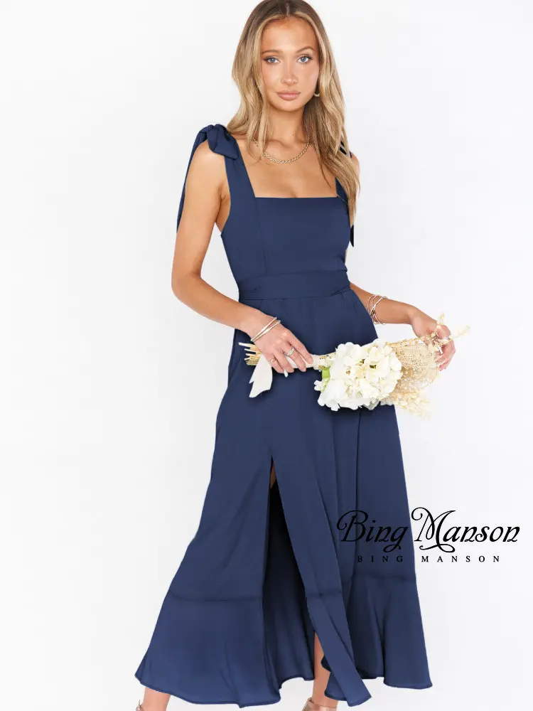 

2022 Women's Summer Boho Long Sleeveless Casual Daywear Backless Tie Rope Straps Split French Haute Sense Halter Dress