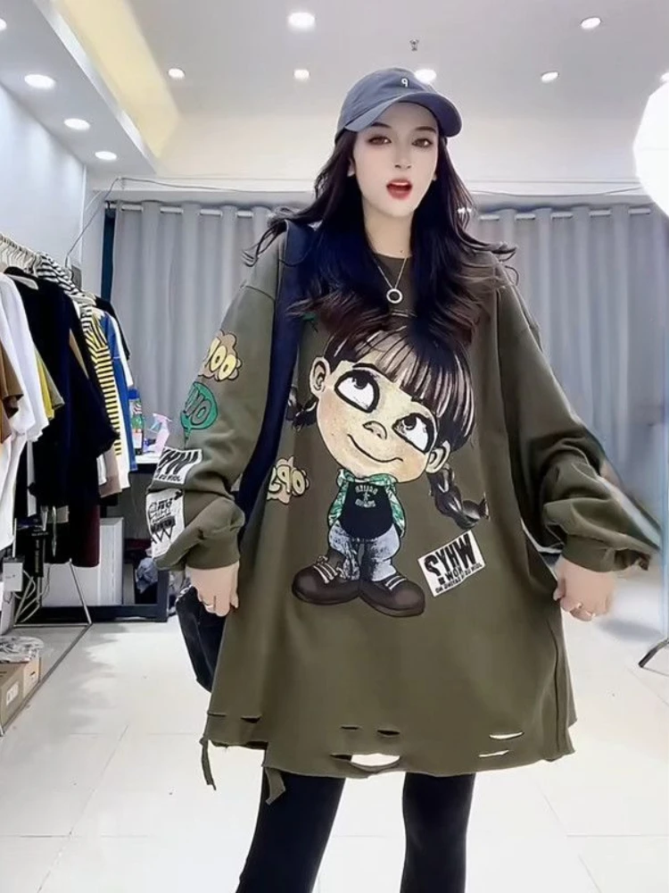 

French Hole Sweatshirts Long Sleeve Cartoon Print Casual Loose Y2k Clothes Punk Gothic Spring Autumn Preppy Style Sudaderas 2022