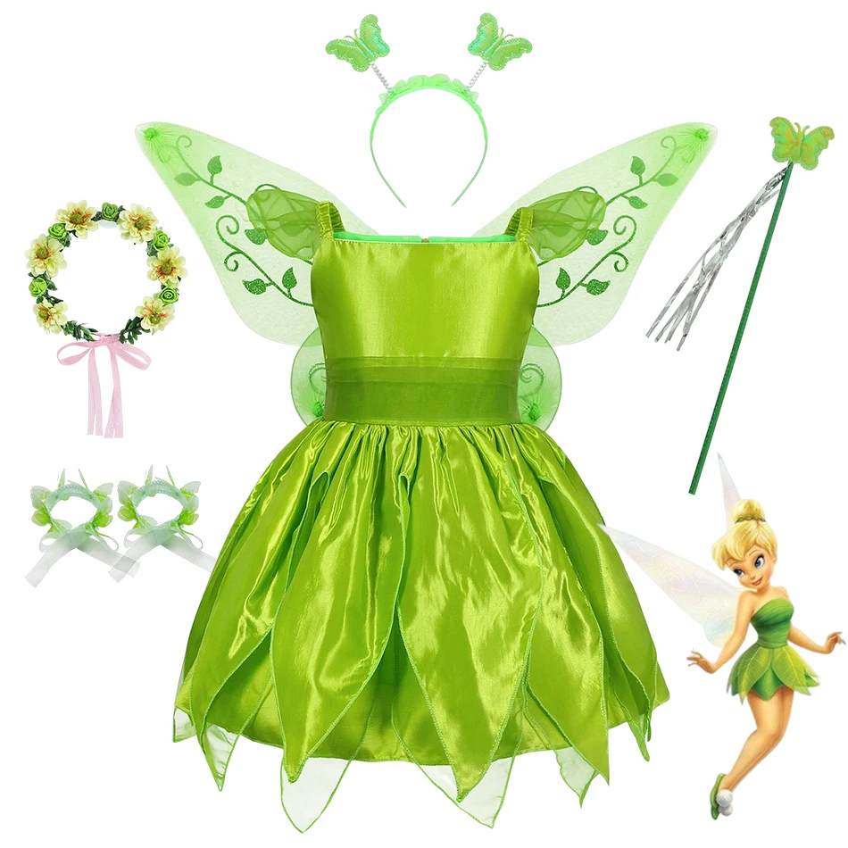 Disney Princess Tinker Bell Costume for Toddler Girls Fancy Halloween Birthday Party Cosplay Outfit Fairy Dress with Wings 2-8Y