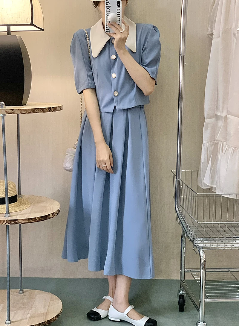 

2022 summer new bubble sleeve top pleated skirt two piece dress