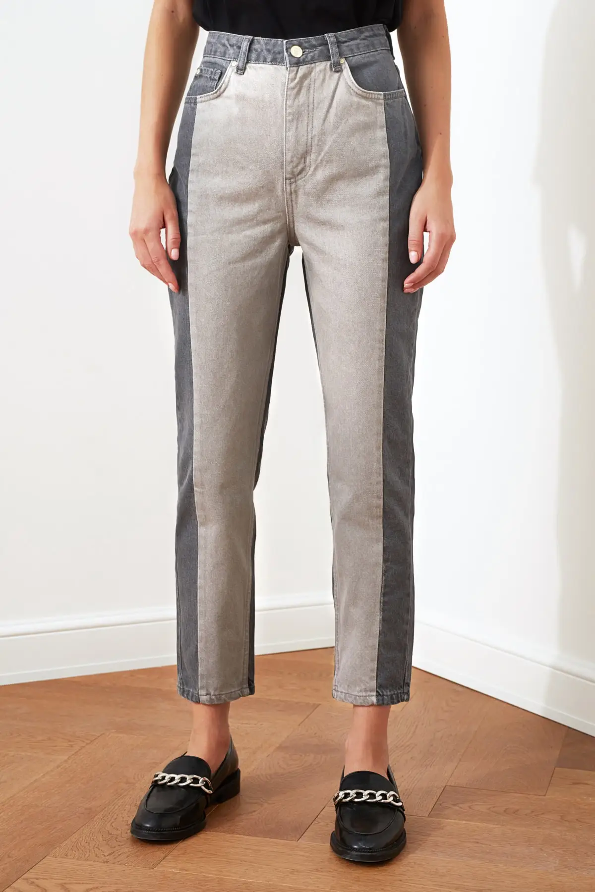 

Anthracite Color Block High Waist Mom Jeans Women Jeans 2021 Fashion