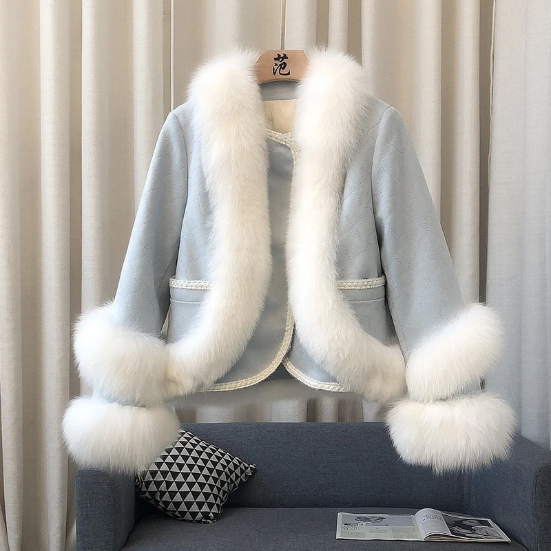 

RosEvans Elegant Women Real Fox Fur Collar Coat Short Warm New Solid Patchwork Down Lining Jacket Loose Tide Fit Autumn Winter