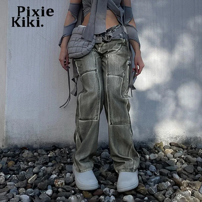 

PixieKiki Y2k Streetwear Low Rise Wide Leg Women Jeans Low Rise Baggy Cargo Pants Grunge Graphic Denim Trousers P77-FG53