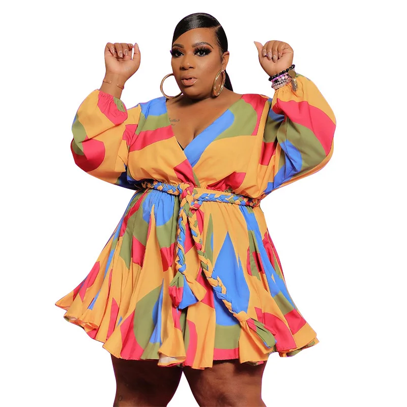 Plus Size Women Dresses Fashion Print V-neck Sexy Woven Dress With Lace-up Casual Beach Large Size Female Elegant Dresses 2023