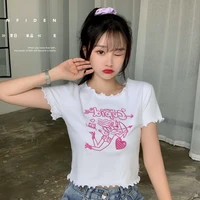 kchy short sleeve t shirt women 2022 summer cartoon embroidered rolled bottoming slim cropped top