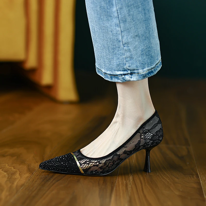 

2022 Women Pumps natural leather 22-24.5cm Sheep suede + lace fabric upper full leather women shoes sexy lace heels high heels