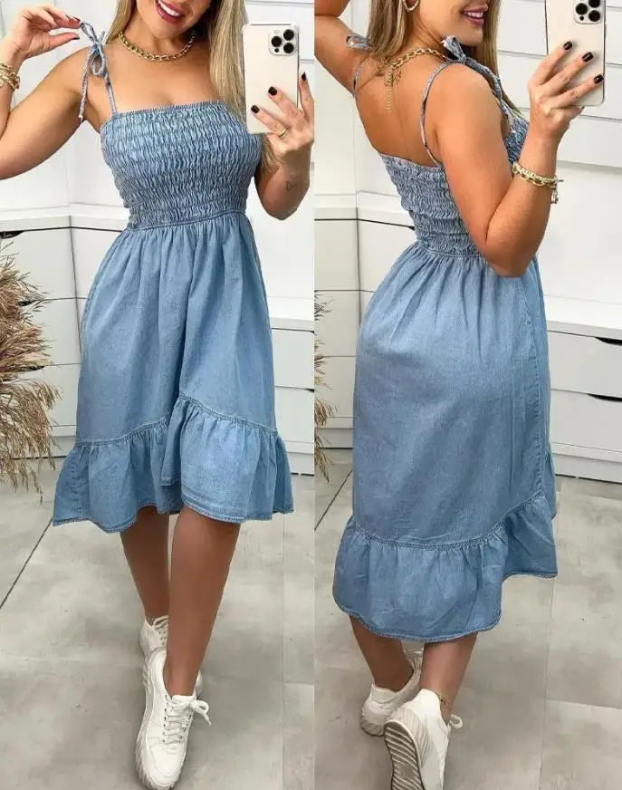 

Dresses for Women 2023 Summer Fashion Sexy Tied Detail Ruffle Hem Shirred Denim Dress Casual Mini Dress Vestidos