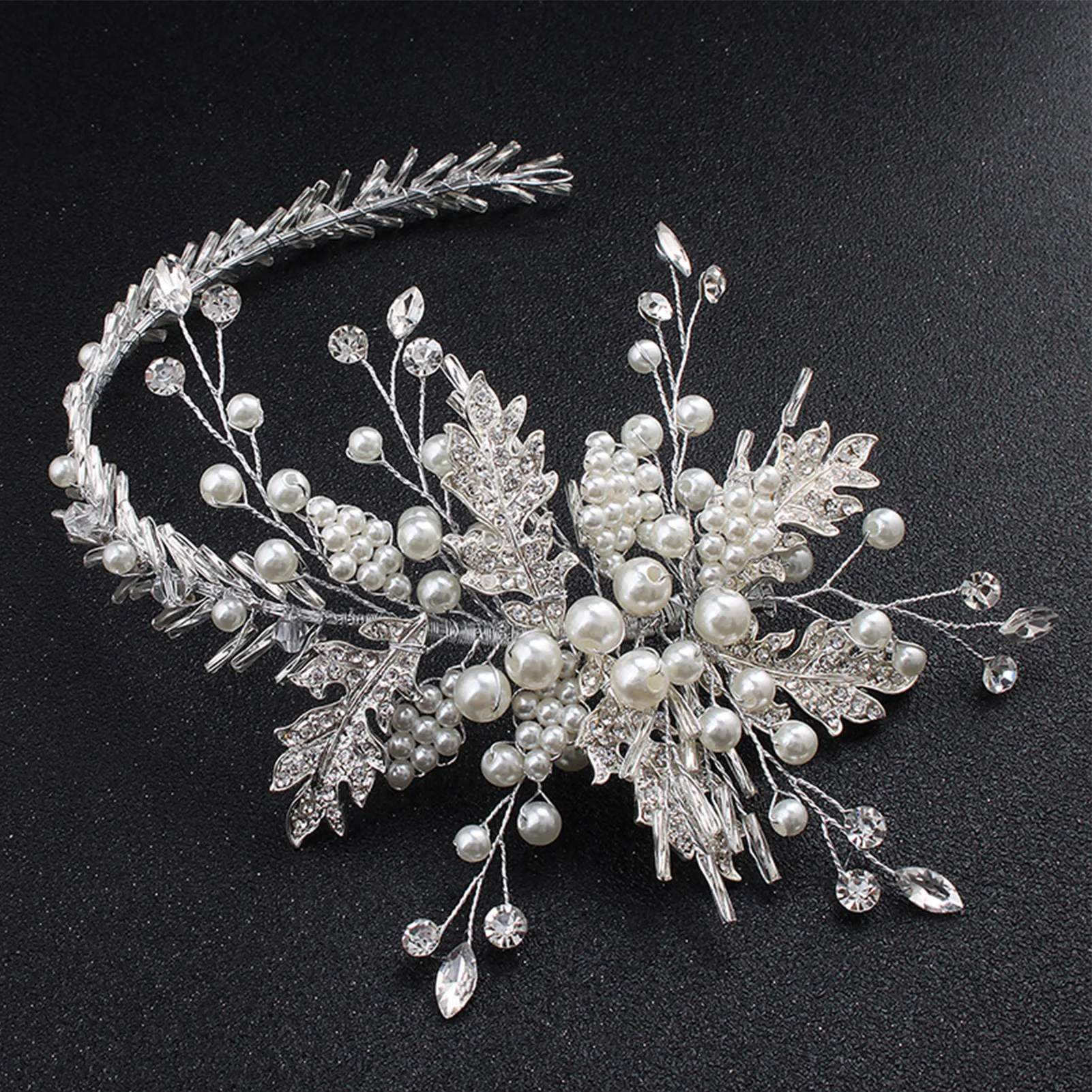 

Wedding Pearl Hairband Bride Tiara Headdress Girls Floral Silver Color Hairpin Headband Fashion Handmade Noiva Prom Hair Jewelry