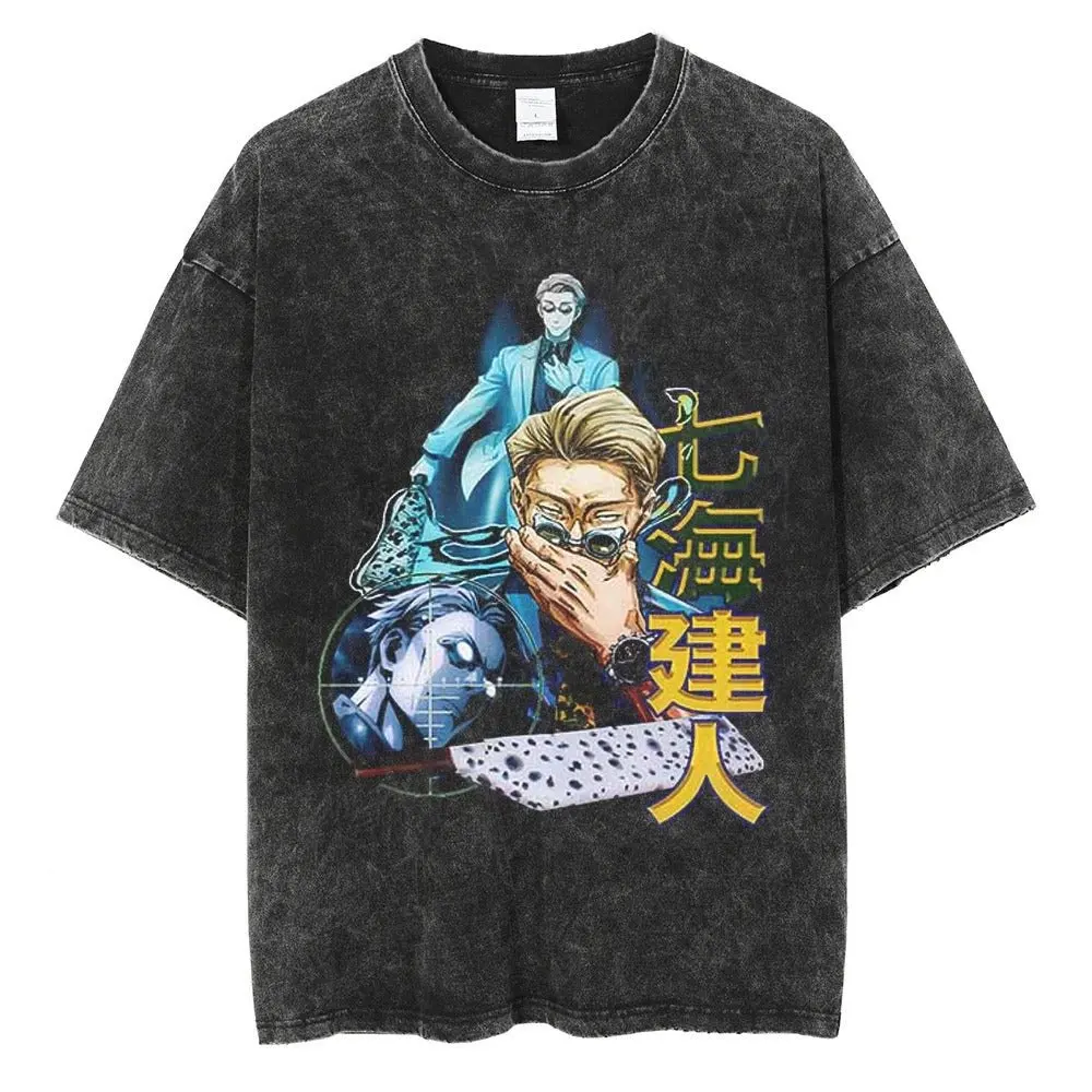 Anime Jujutsu Kaisen Satoru Gojo Print Tee Men Women Tshirts Plus Size Washed Cotton T-shirt Harajuku Male Manga T Shirt