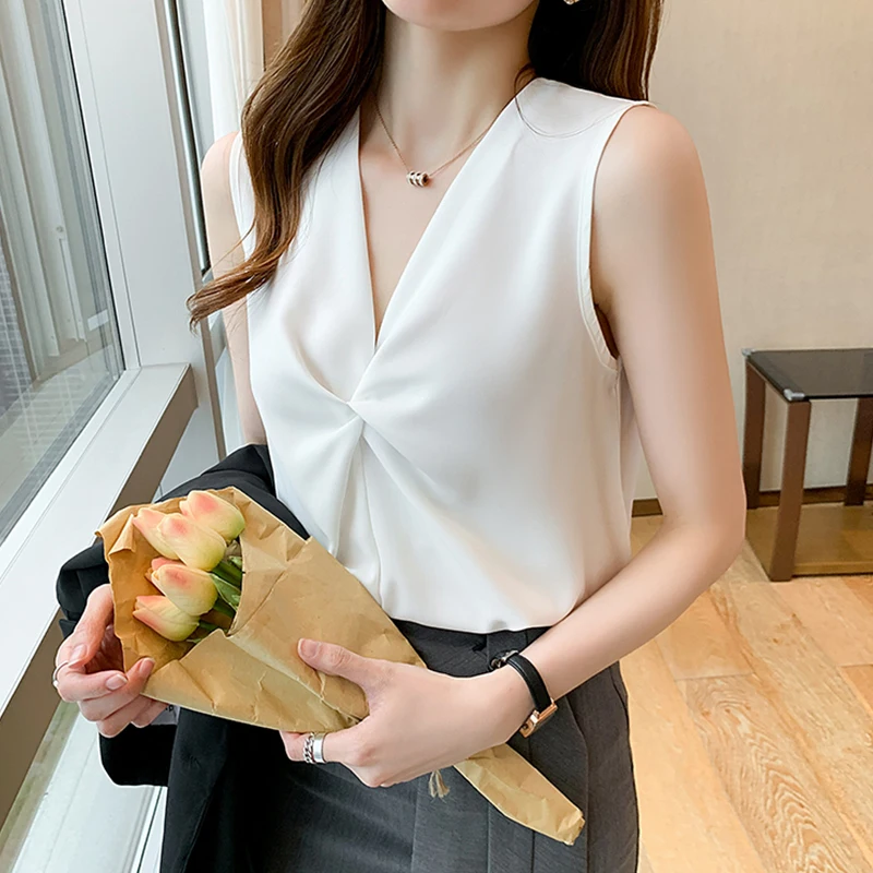 

New elegant ladies shirts Fashion women solid color blouses New chic Spring summer sleeveless slim v-neck blouses mujer blusas