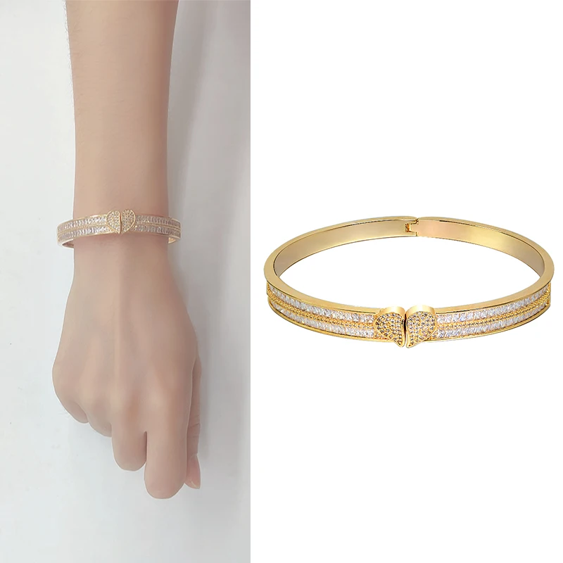 

Luxury Brand Woman Bracelet With Diamon Gold Plated Luxury Brand Heart Bangle Fashion African Jewelry Dubai Birthday Gift