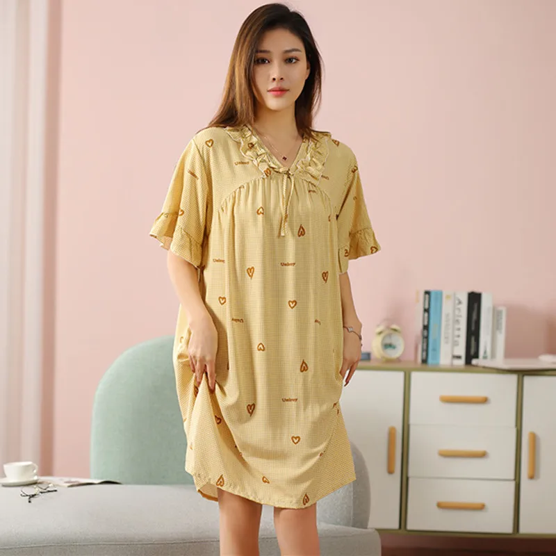 

Fdfklak INS Fresh Floral Cotton Nightgowns Female Short Sleeve V Neck Summer Night Dress Loose Women's Nightshirt Sleepdress