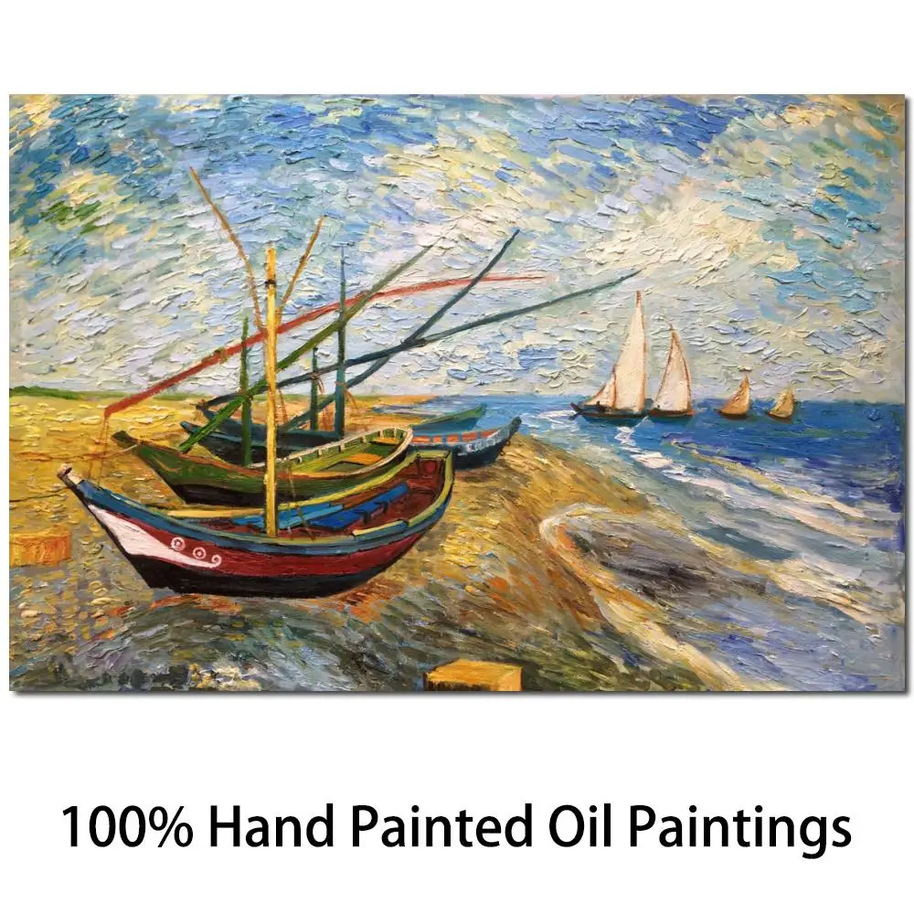 

Seascapes Canvas Art Wall Decor Fishing Boats on the Beach Handmade Vincent Van Gogh Landscape Oil Painting Modern Artwork Gift