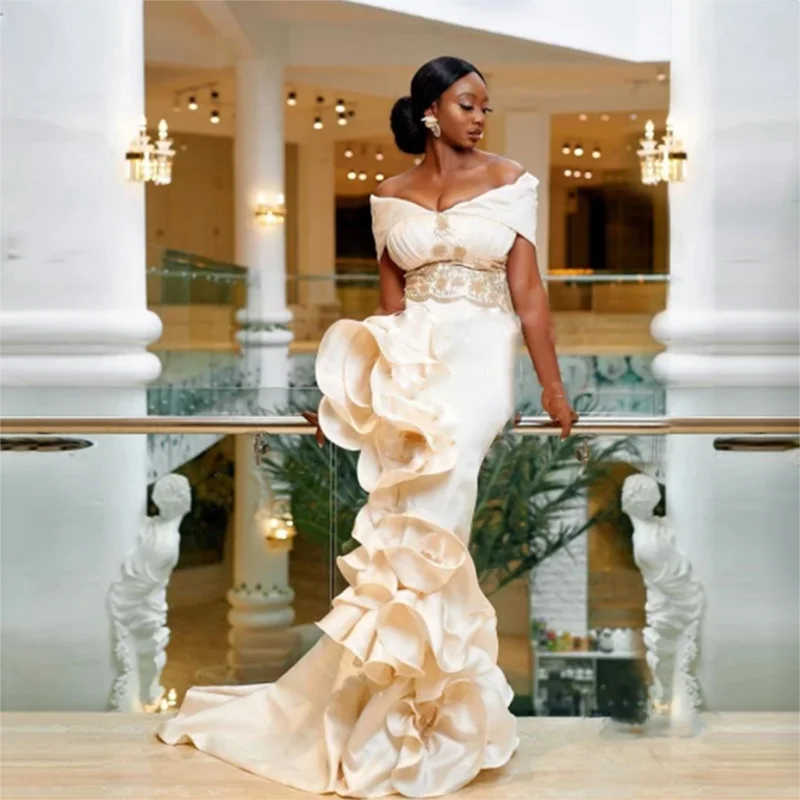 

African Off The Shoulder Mermaid Evening Gowns Saudi Arabia Aso Ebi Ruffles Satin Prom Dresses Sweep Train Party Dress Custom