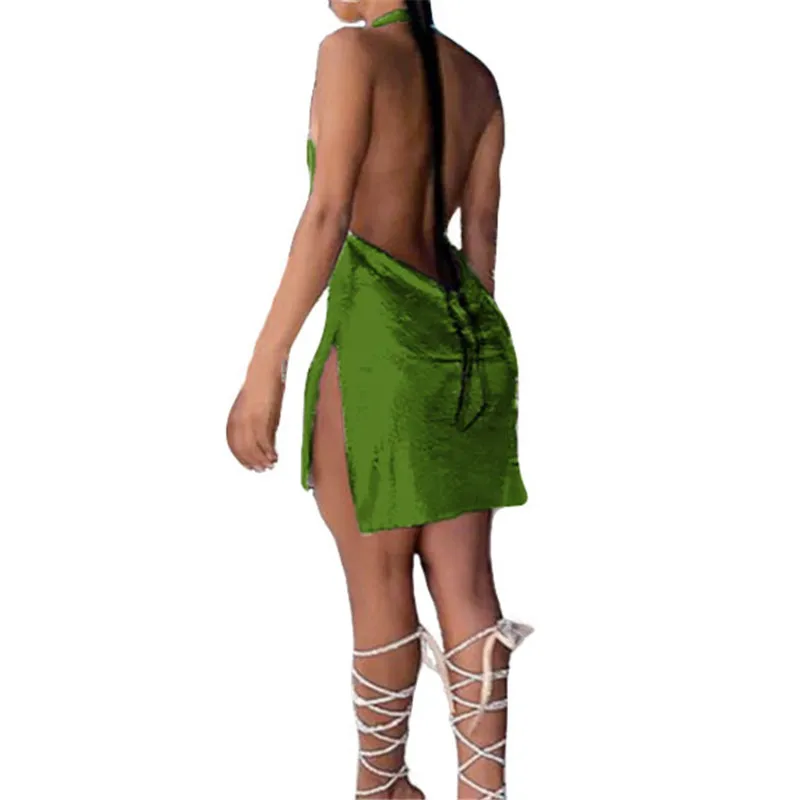 KEXU Shiny Gilding Women Sexy Dress Halter Backless High Split Mini Night Club Party Vestidos Valentine's Day Gifts | Женская одежда