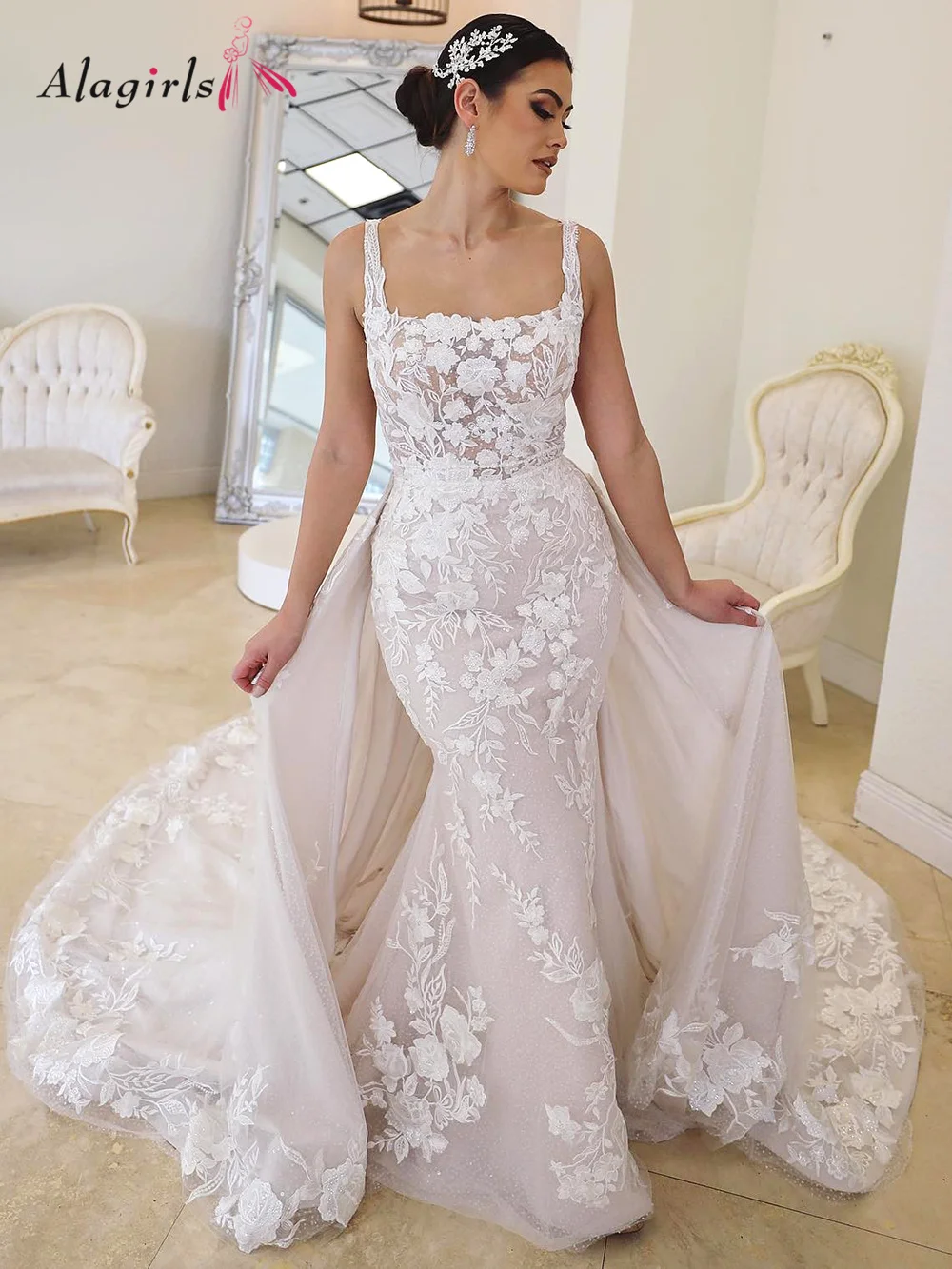 

Alagirl Boho Wedding Dress Detachable Wedding Dress Train Mermaid Wedding Dress 2022 Lace Wedding Dress Women Bridal Dress