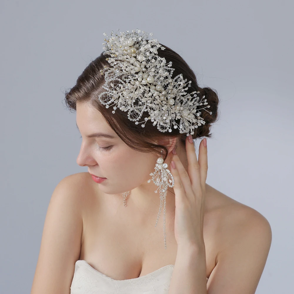 

Wedding Accessories Set Headband&Earrings Shiny Rhinestone Beads Pearls Decoration Bridal Head Jewelry Luxury Style Women's