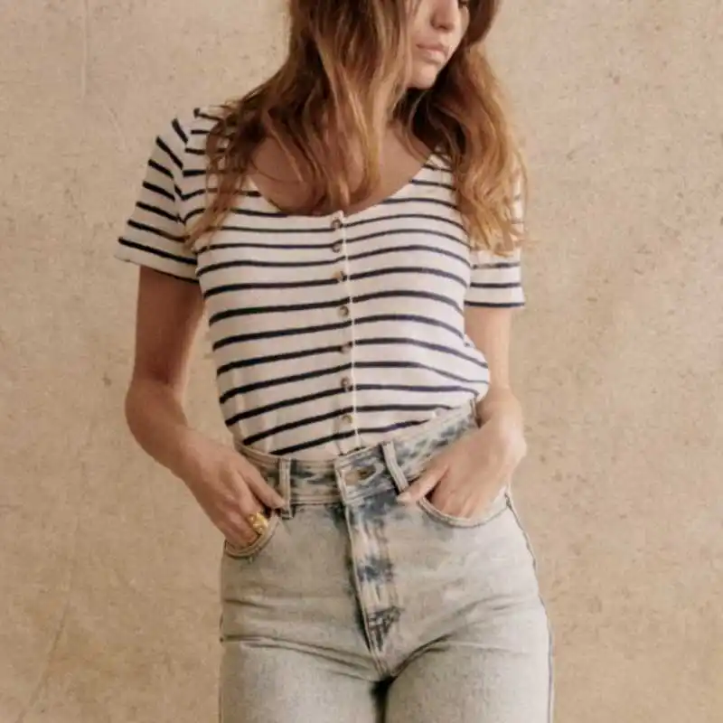 

Pure Cotton Loose Top Women Clothing 2023 Summer Ladies Striped Single-breasted Large Neckline Short-sleeved T-shirt
