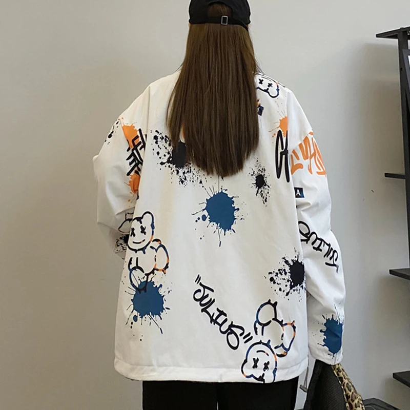 Autumn and Winter New Women's Double-Sided Flannel Cotton Clothing College Style Loose Collar Cartoon Printed Cotton Jacket Warm