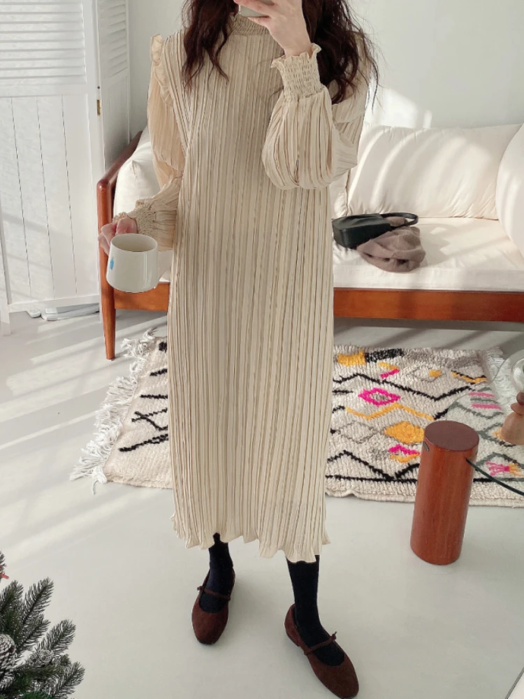 

Женское платье, новинка 2023, элегантное винтажное длинное платье с круглым вырезом в стиле ретро, корейская мода, повседневная свободная уличная одежда, вечерние платья