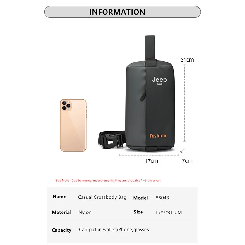 JEEP BULUO Waterproof Casual Chest Bag Male Crossbody Fashion Shoulder Trend Black Messenger Sling Travel Bag Hot Sale