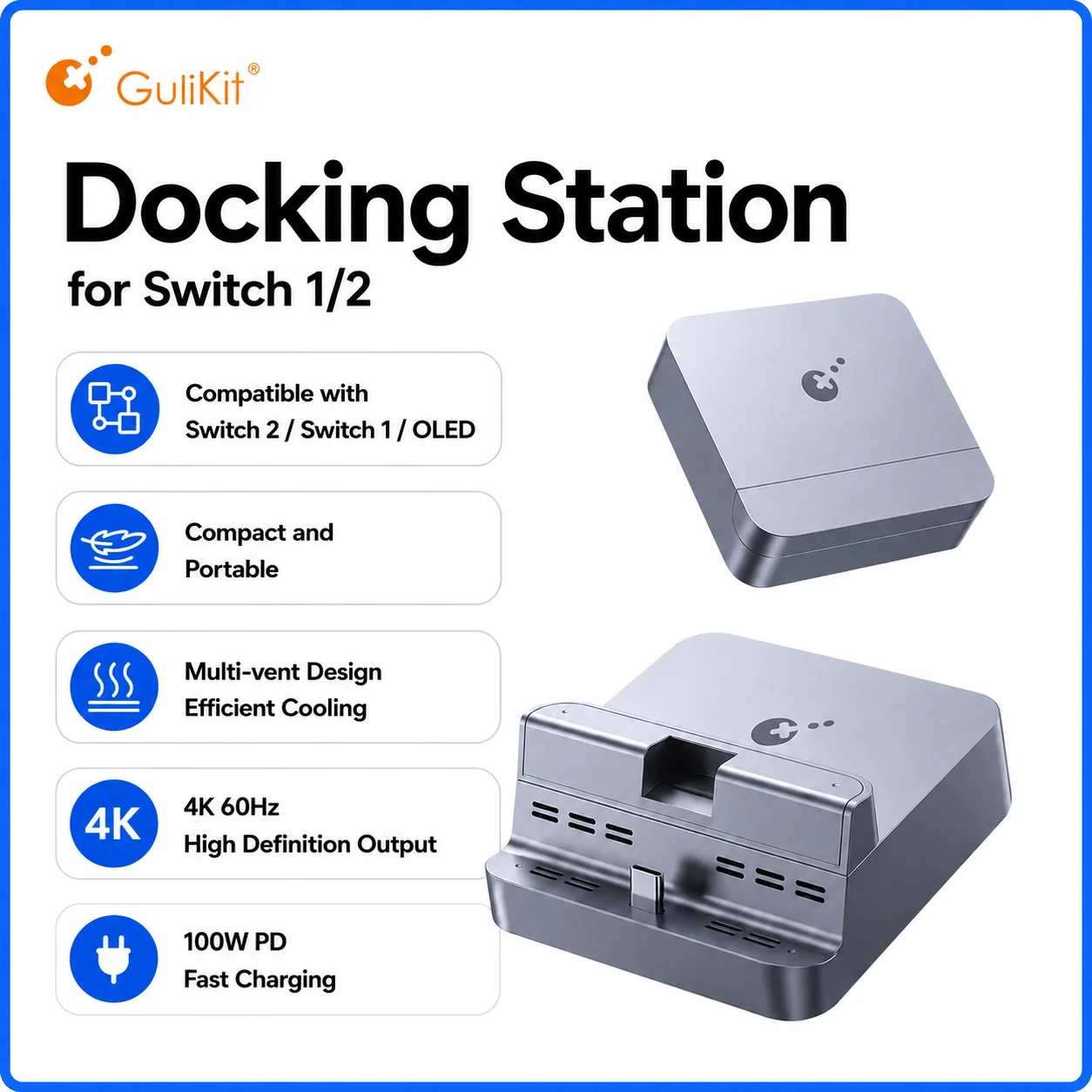 Фото Док-станция GuliKit для Switch 1/2, док-станция для ТВ с поддержкой 4K/60Hz, 100W PD, отличное охлаждение, широкая основа с защитой от опрокидывания для Nintendo Switch №1