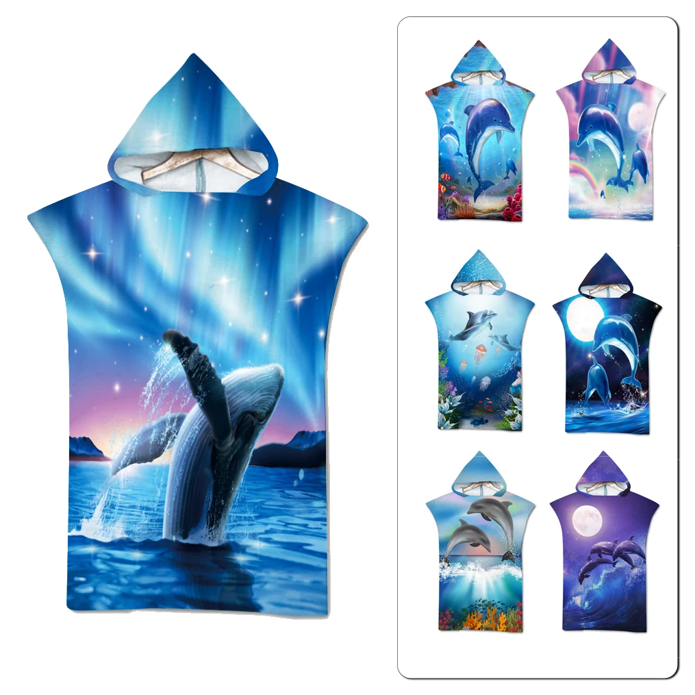Underwater World Dolphin Hippie Adult Beach Towel Whale Jump Pattern Hooded Bath Towel Surf Poncho Changing Robe Bathrobe Decor