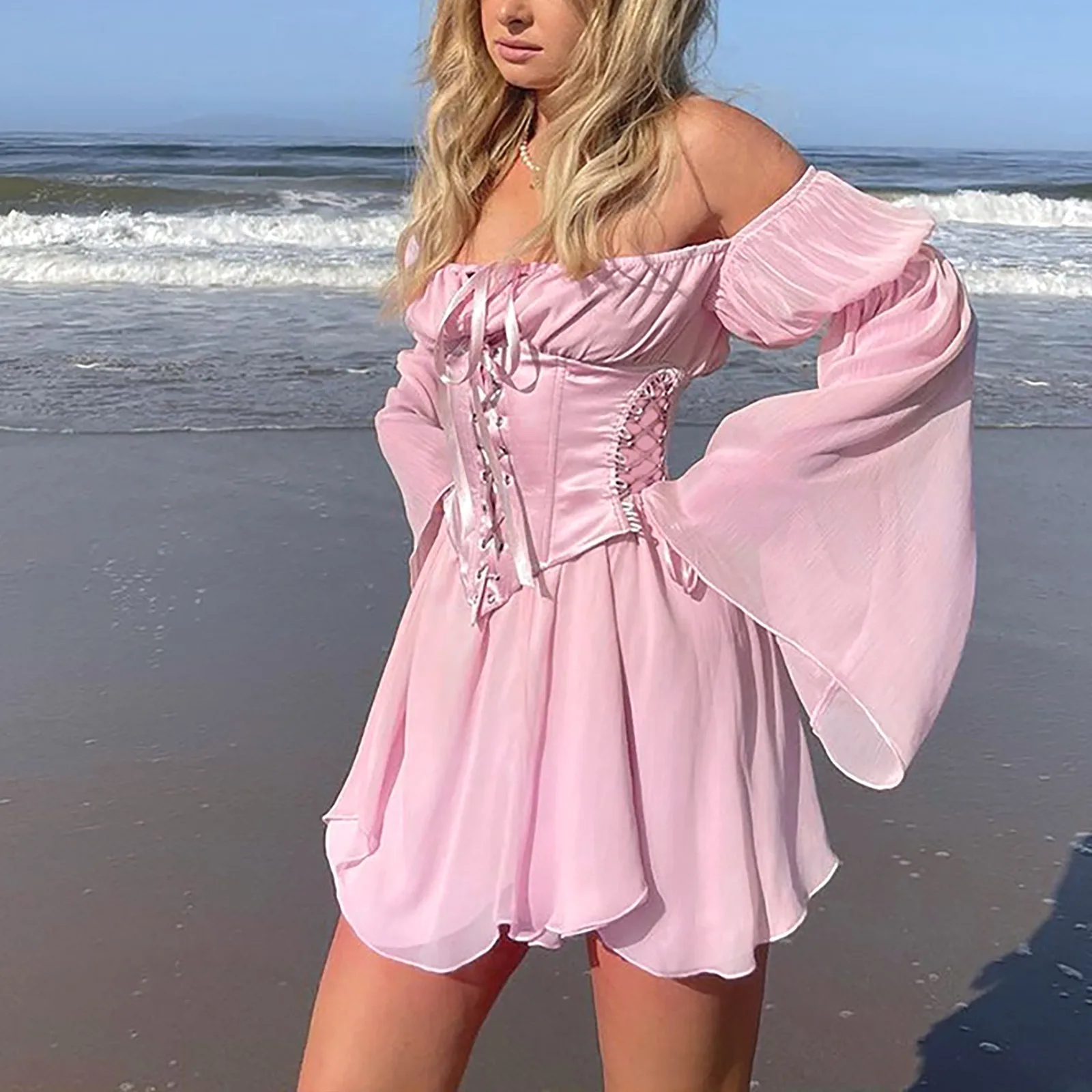 Осеннее шифоновое сексуальное мини-платье с открытыми плечами женское платье