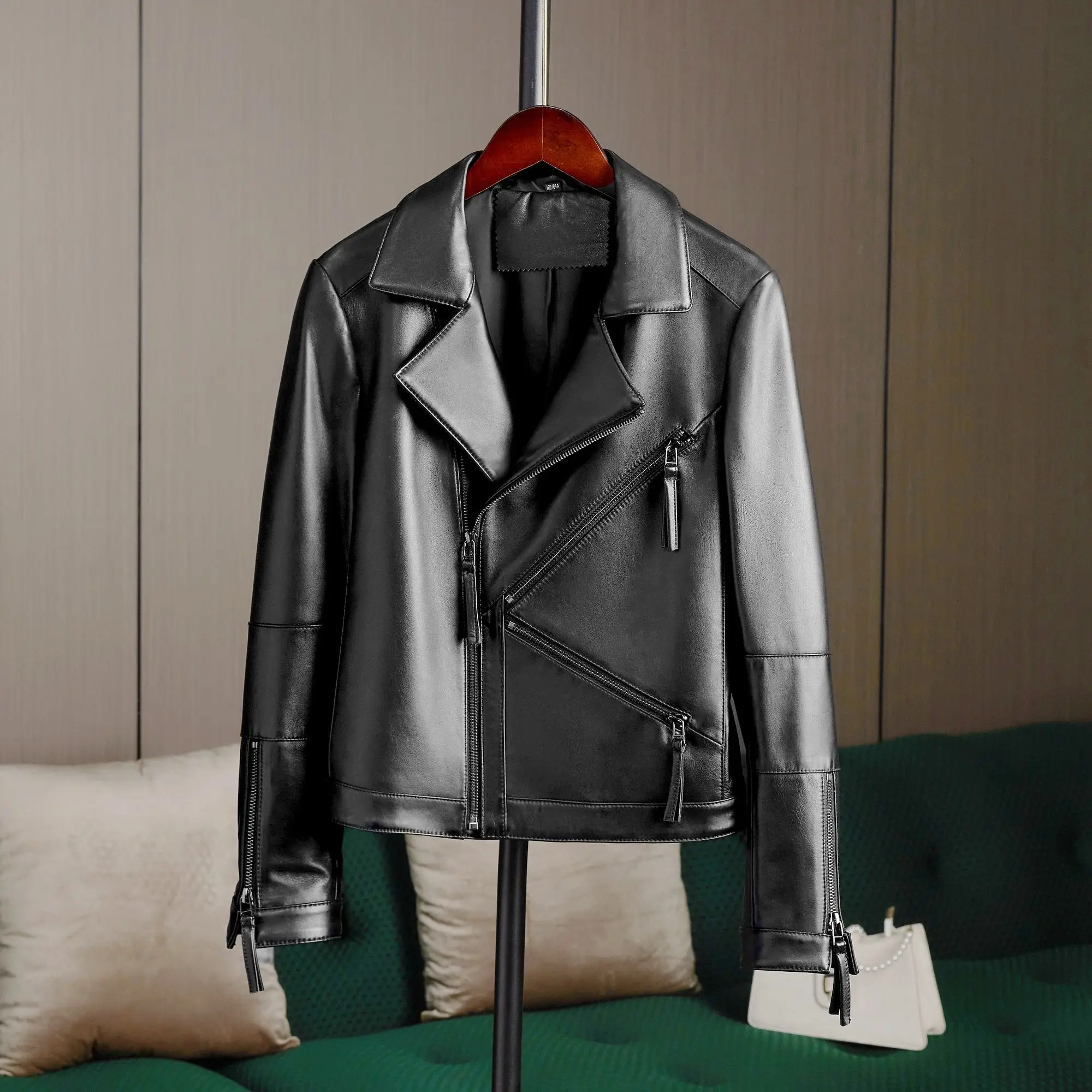 

Haining genuine leather[special]Motorcycle leather jacket Women's suit collar Short trench coat Sheepskin Korean version