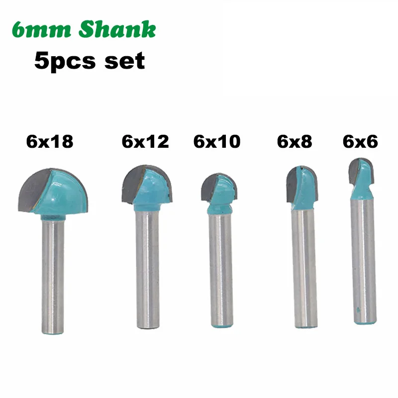 

5PC/Set 6MM Shank Milling Cutter Wood Carving Ball Nose Router Bit Set End Mill Round Cove Box Solid Carbide Radius Core Milling