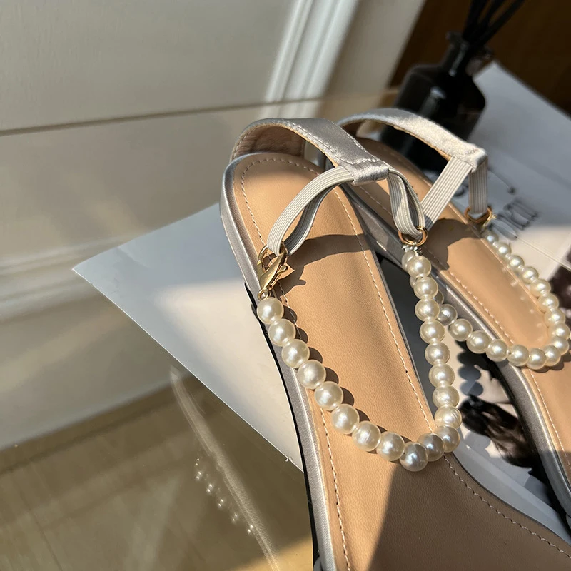 New Summer Women Pearl Ankle Strap High Heel  Shoes  Female Footwear Single shoes Women Pointed Toe Wedding Party Shoes 6A