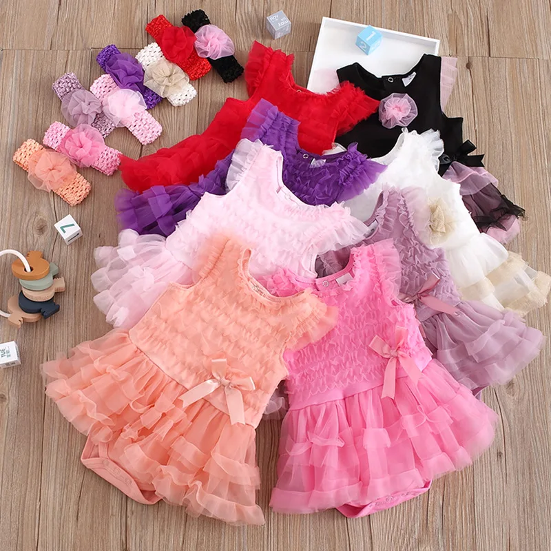 

Newborns Baby Girls Ruffle Lace Sleeveless Summer Baby Clothes Mesh Dress Tutu Girl Romper Party Dresses with Headband 0-24M