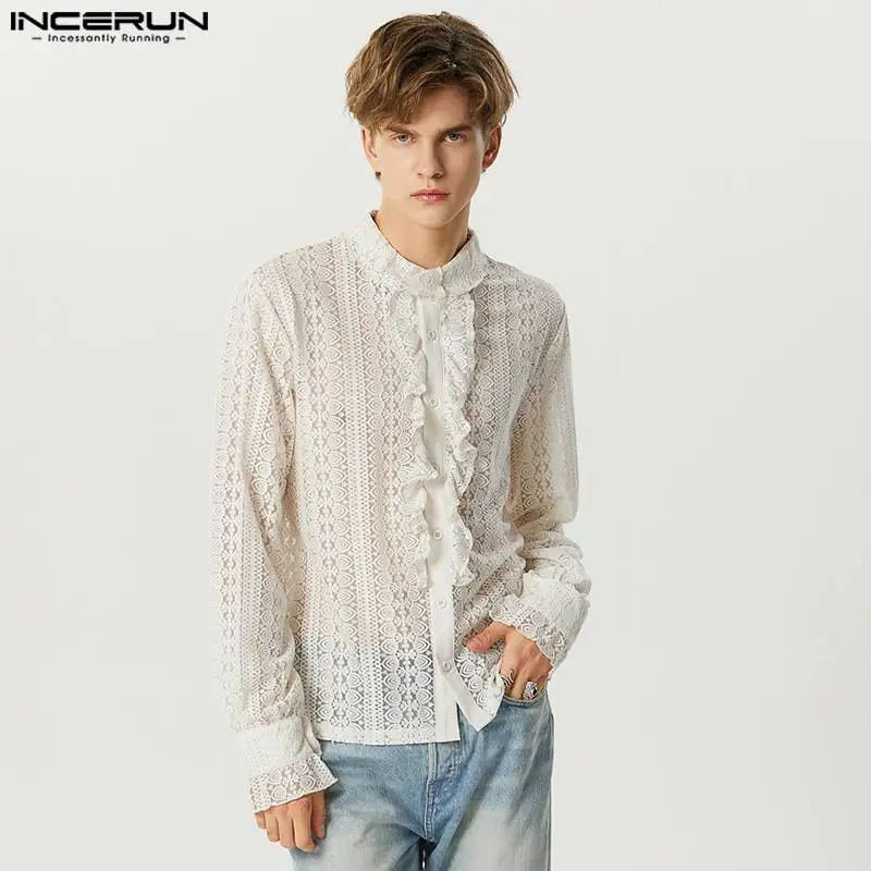 

Рубашка INCERUN Мужская кружевная с воротником-стойкой и длинным рукавом, уличная одежда, прозрачная Элегантная Модная блуза с оборками, 2023