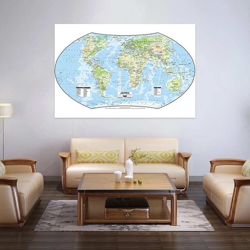 

Physical Map of The World 225*150cm Classic Edition World Wall Maps Vinyl Painting Sticker for School Office Home Supplies