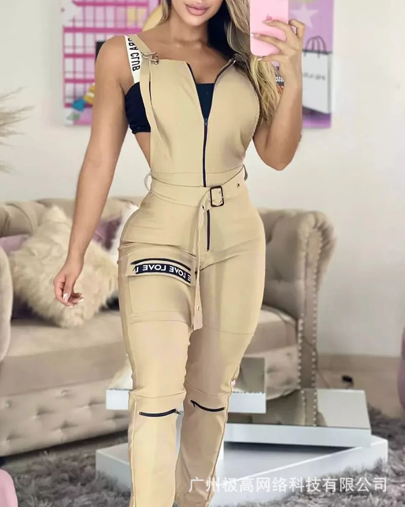 

Zipper Pocket Design Sleeveless Suspender Jumpsuit Women Overall Summer Jumpsuits Pants High Waist Belt Khaki