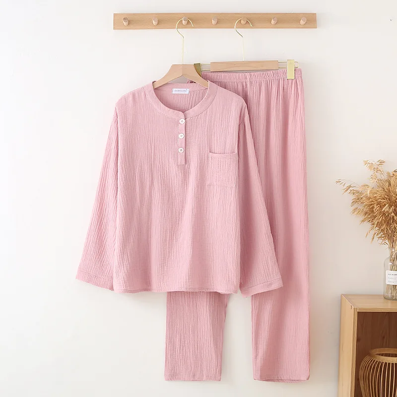 Korean Purple/Pink Women's Sleepwear Crepe Gauze Long-Sleeved Pajamas Home Service Suit Pure Cotton Nightwear Pijamas Set