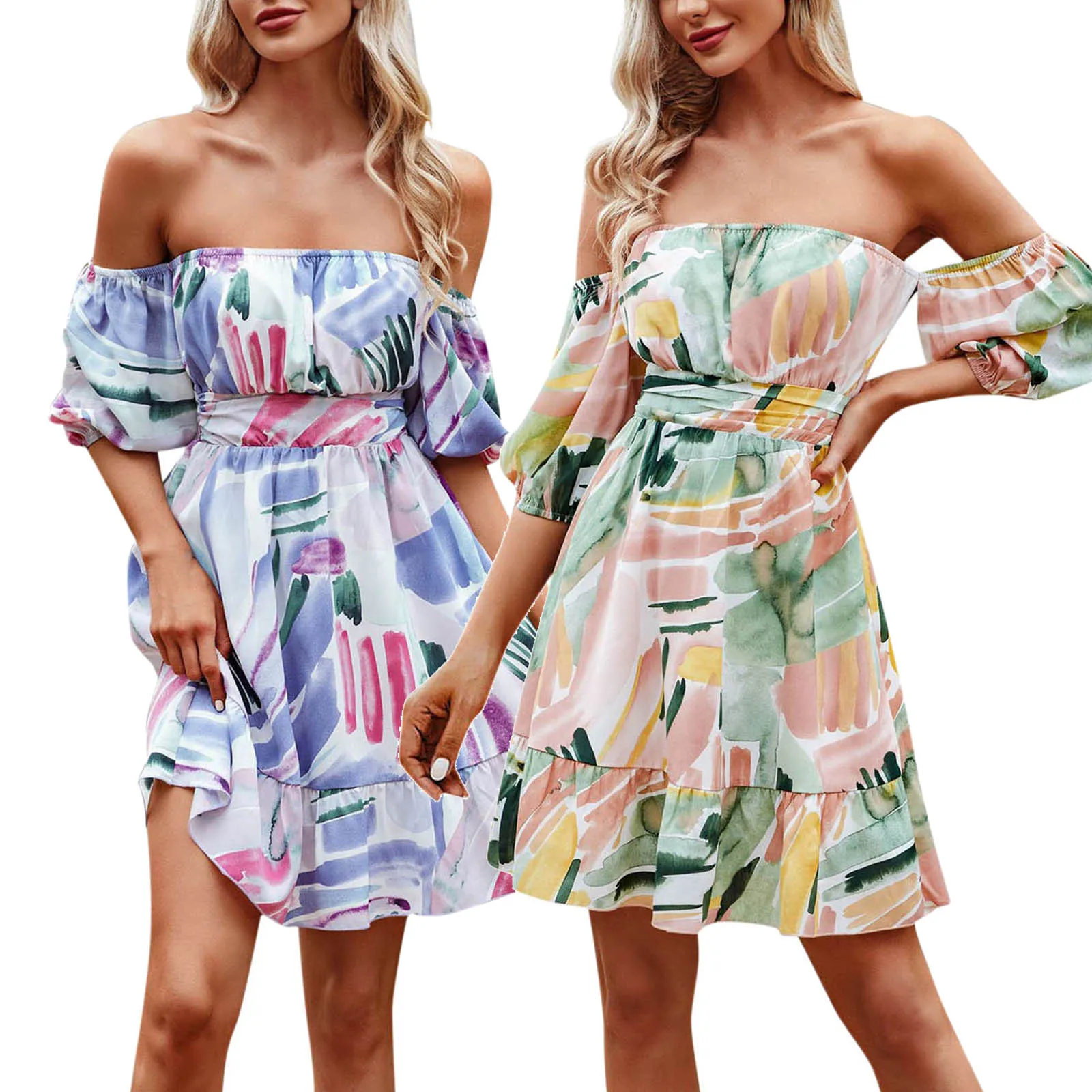 

Women Summer Off Shoulder Short Sleeve High Waist Dresses A Line Mini Dress Green Silk Dress Spring Dress for Women