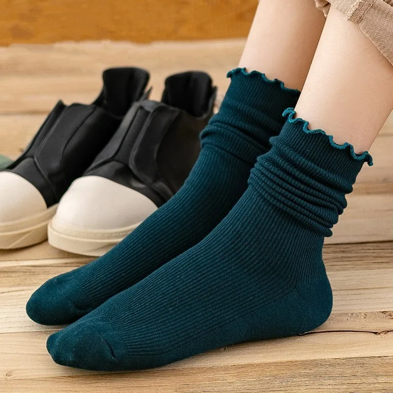

1pai Women's Lace Cotton Loose Spring And Autumn Mid-tube Agaric Edge Double Needle Pile Knitted Solid Color Socks