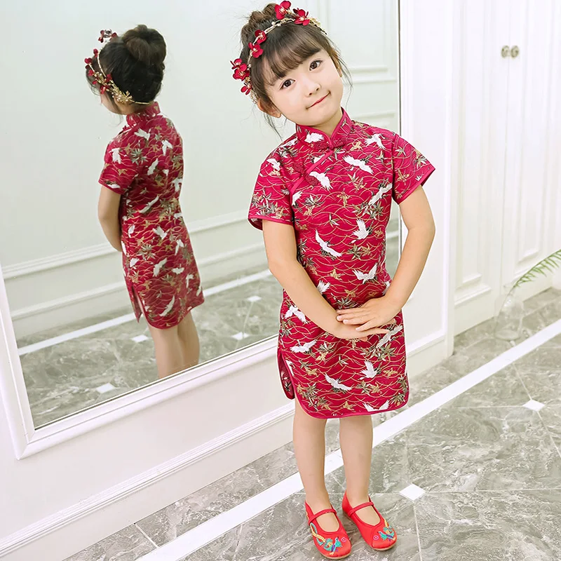 

2022 Floral Baby Girl Qipao Silky Dress Children Chi-Pao Cheongsam Chinese New Year Costume Clothes Kids Dresses Wedding