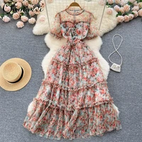 2022 summer new fashionable printed floral gauzy large swing dress womens mesh patchwork round neck cake dress for female