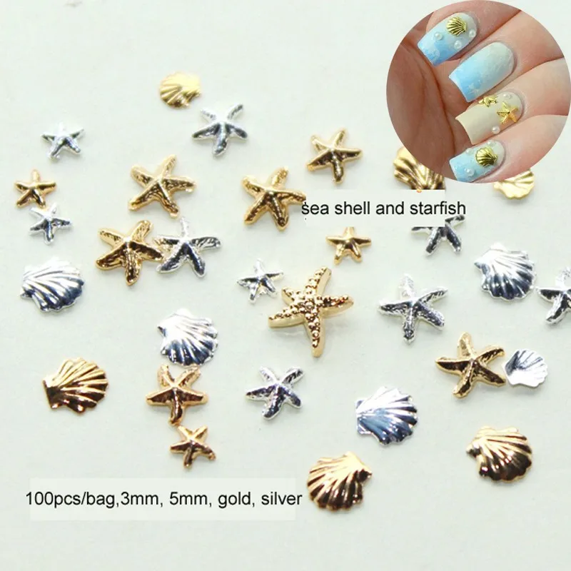 

100PCS/bag 3MM&5M 3D Metal Sea Shell Starfish Mixed Gold Silver Nail Art Rhinestone Stud Spike Nail Tips Stickers Accessories