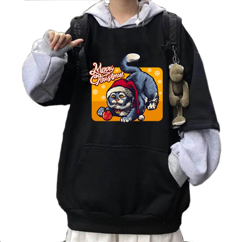 

Christmas Cute Cat At Red Santa's Hat Pattern Long Sleeve Cute Hoodie Sweatshirts Streetwear Hoodies Unisex O-neck Sweatshirt