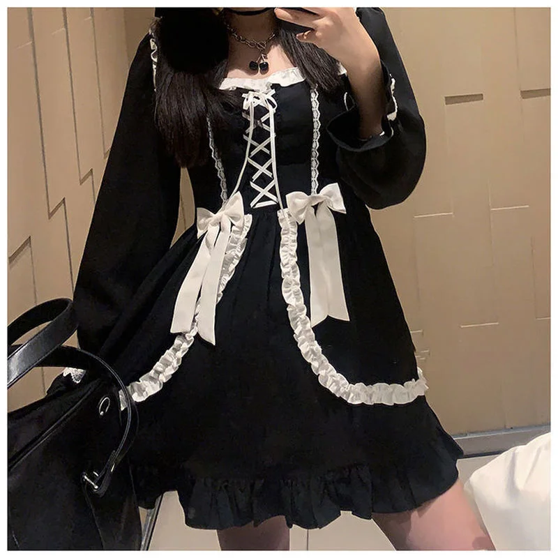 

2023 Japanese Lolita Gothic Dress Girl Patchwork Vintage Designer Mini Dress Japan Style Kawaii Clothes Fall Dresses for Women